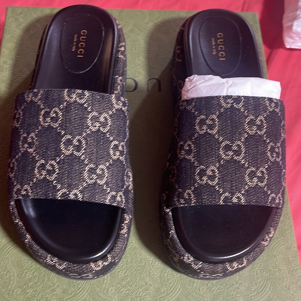 Gucci GG Jacquard Black Denim Slides